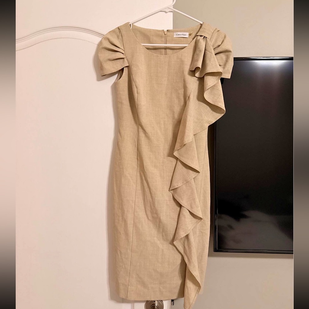 Calvin Klein Asymmetrical Tan Dress with Ruffle
